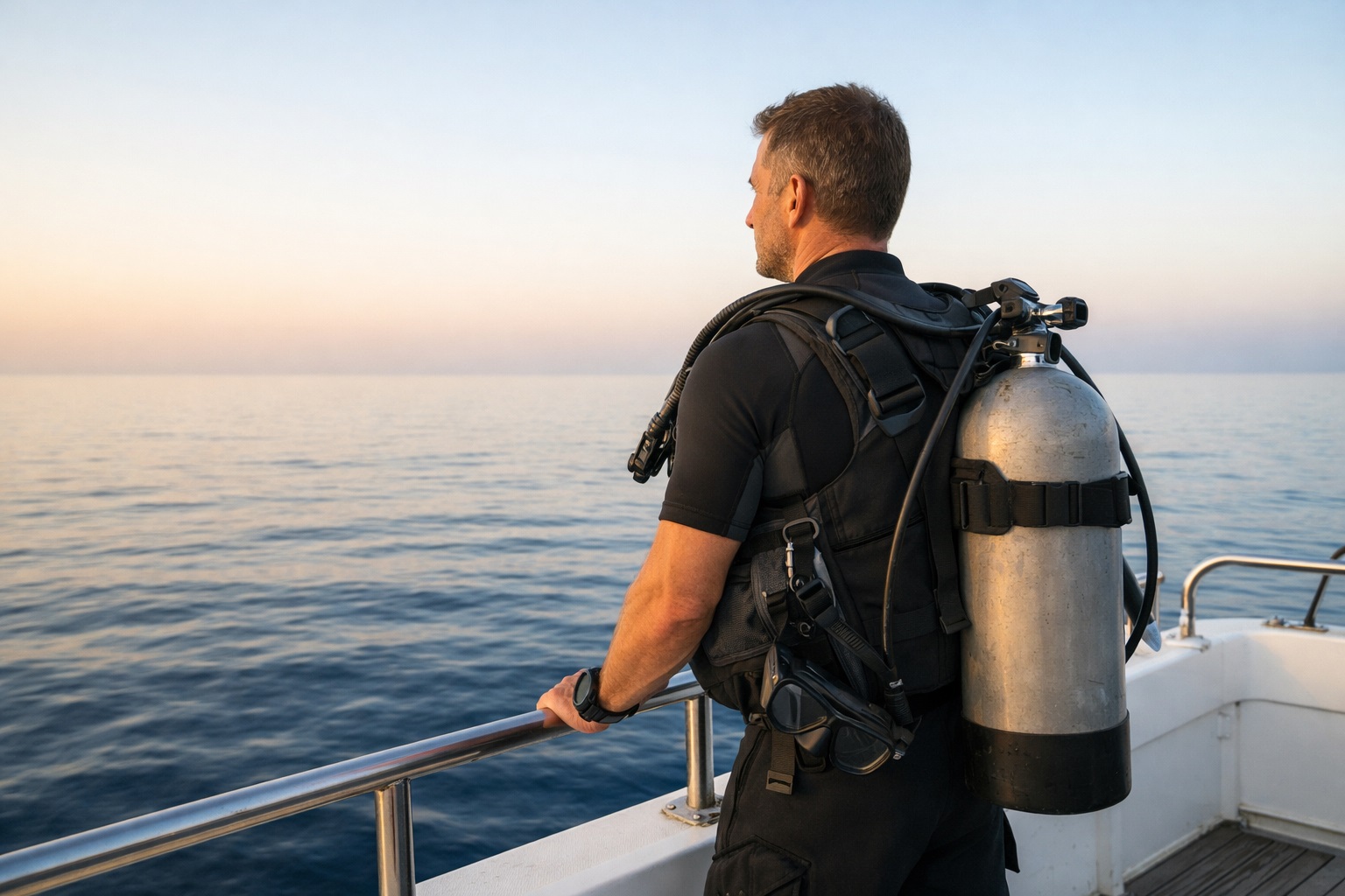A professional scuba diving instructor standing on a dive boat deck at dawn, looking out toward the sea. Calm posture. Neutral dive clothing and BCD. 