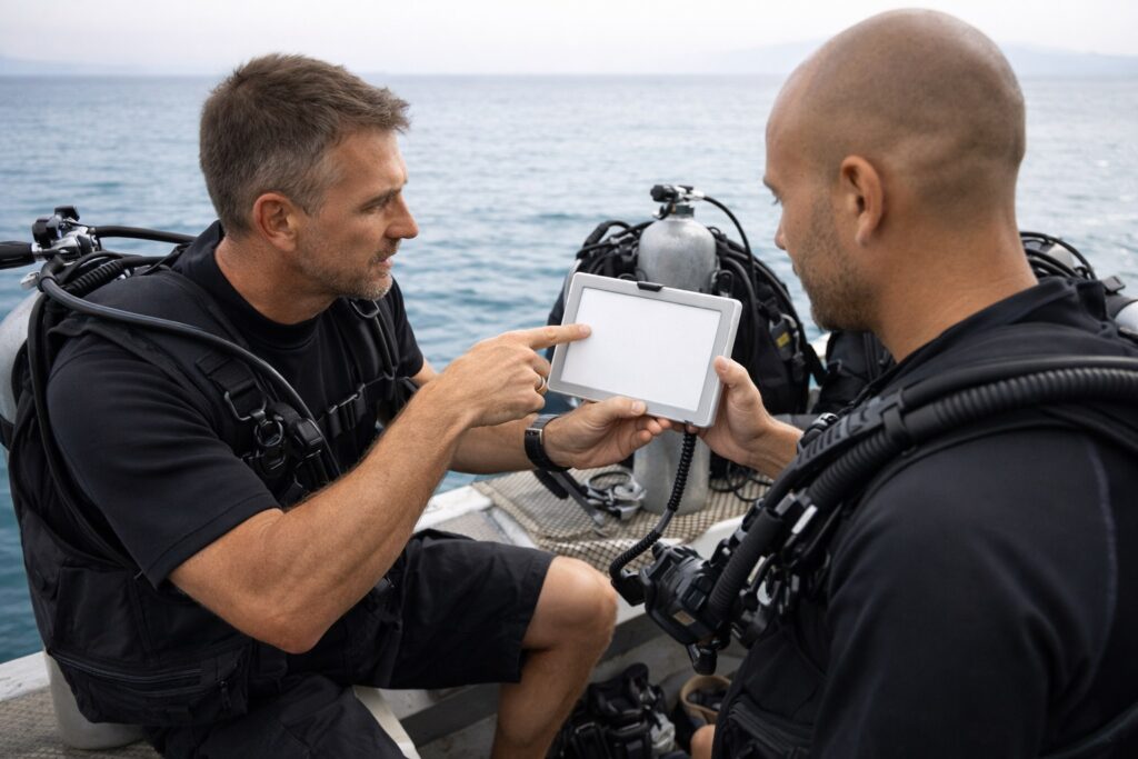 Scuba instructor in shallow open water guiding two students during buoyancy practice over a sandy bottom
