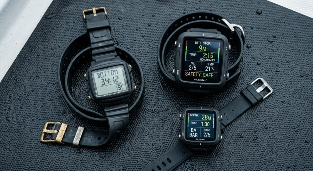 Flat-lay comparison of a traditional scuba bottom timer next to a modern smart dive computer.