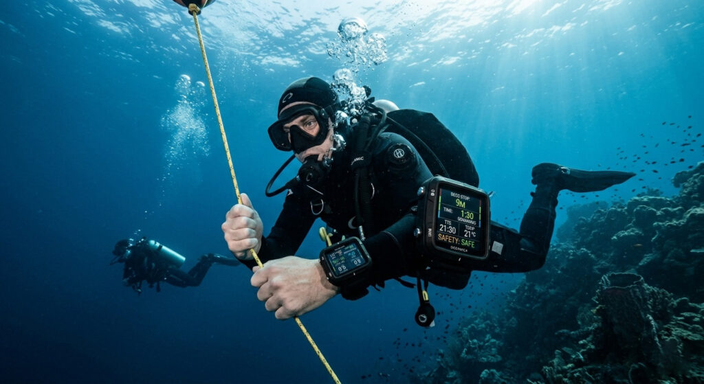 Technical diver in perfect horizontal trim performing a decompression safety stop.
