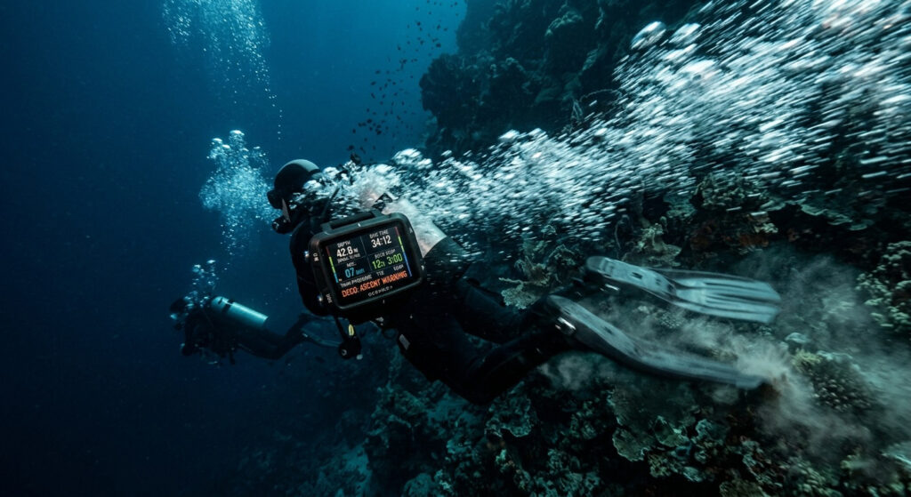 Technical scuba diver pushing through a current near a deep ocean wall drop-off.