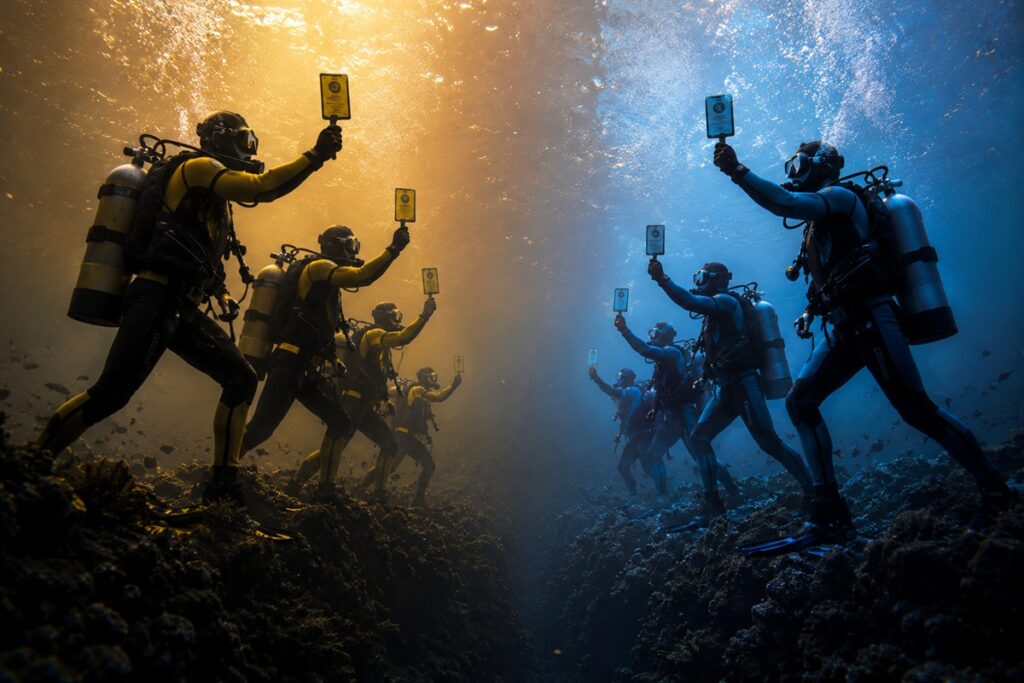Two opposing groups of scuba divers holding certification cards in a divided scene, illustrating tribalism and brand rivalry in the diving industry