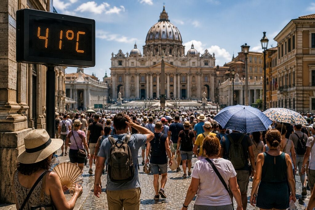 Crowds walking near St. Peter's Basilica in Rome during a heatwave with a digital display showing 41 degrees Celsius.