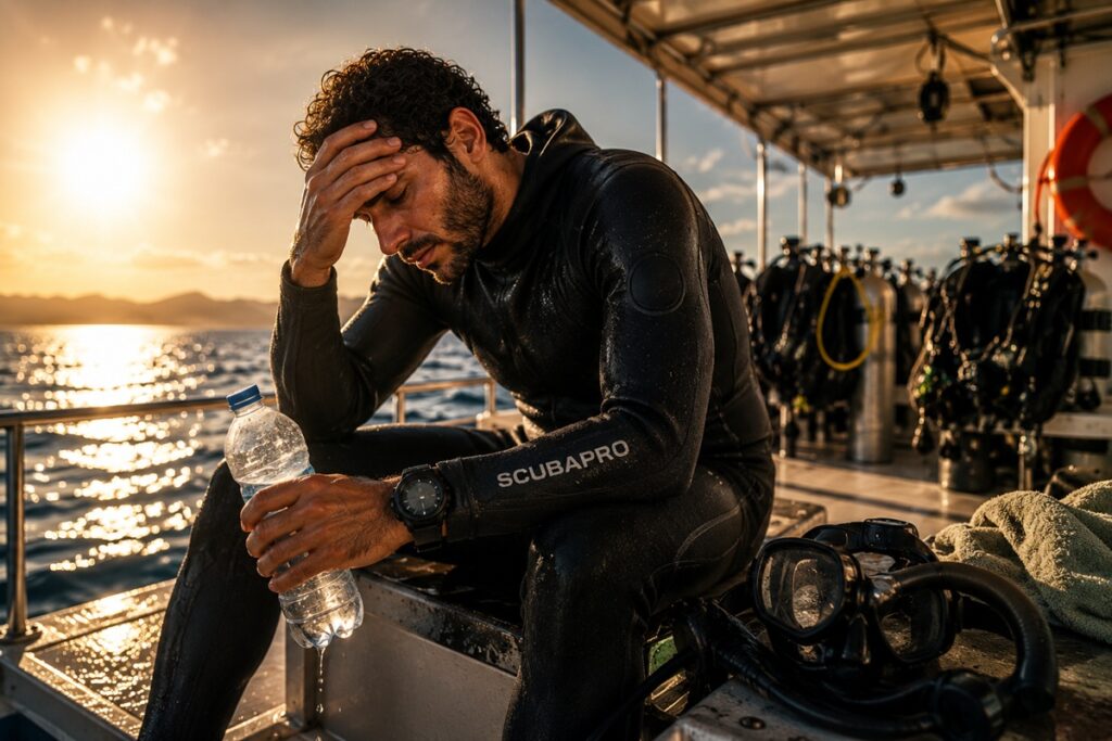 Exhausted scuba diver sitting on a dive boat deck holding a water bottle after exposure to intense heat and sun.