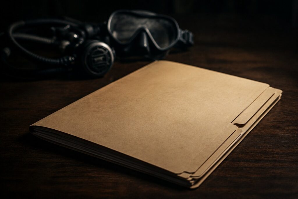 Carpeta de documentos legales sobre un escritorio oscuro con equipo de buceo borroso al fondo — Acción judicial de DAN en el caso de Dylan Harrison, 2026