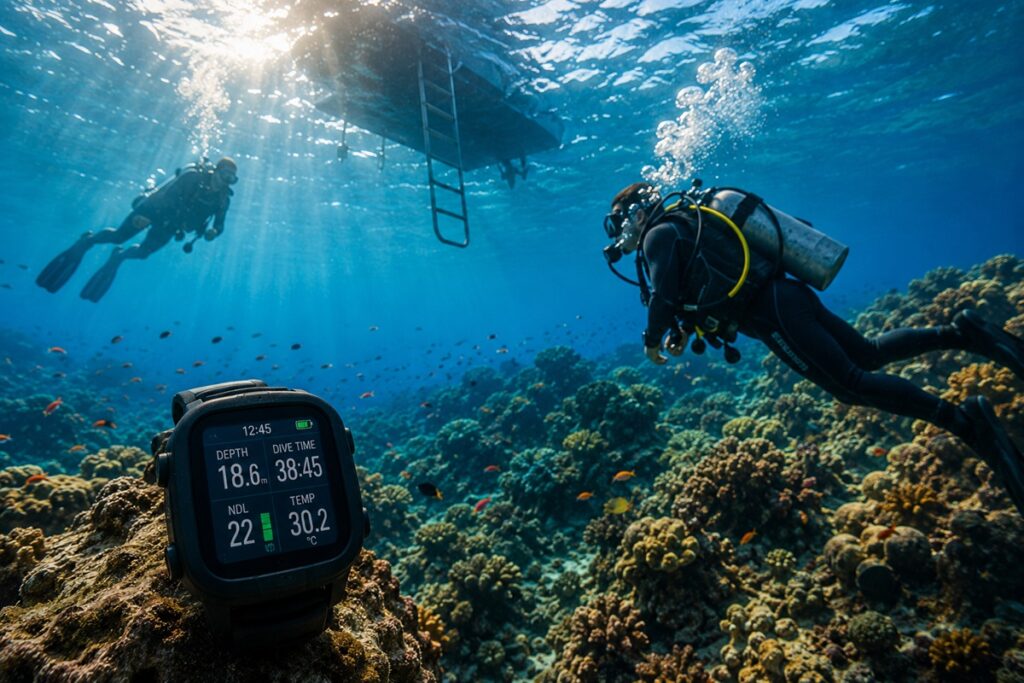 Scuba divers swimming above a coral reef in warm tropical water with a dive computer displaying depth, dive time, and water temperature.