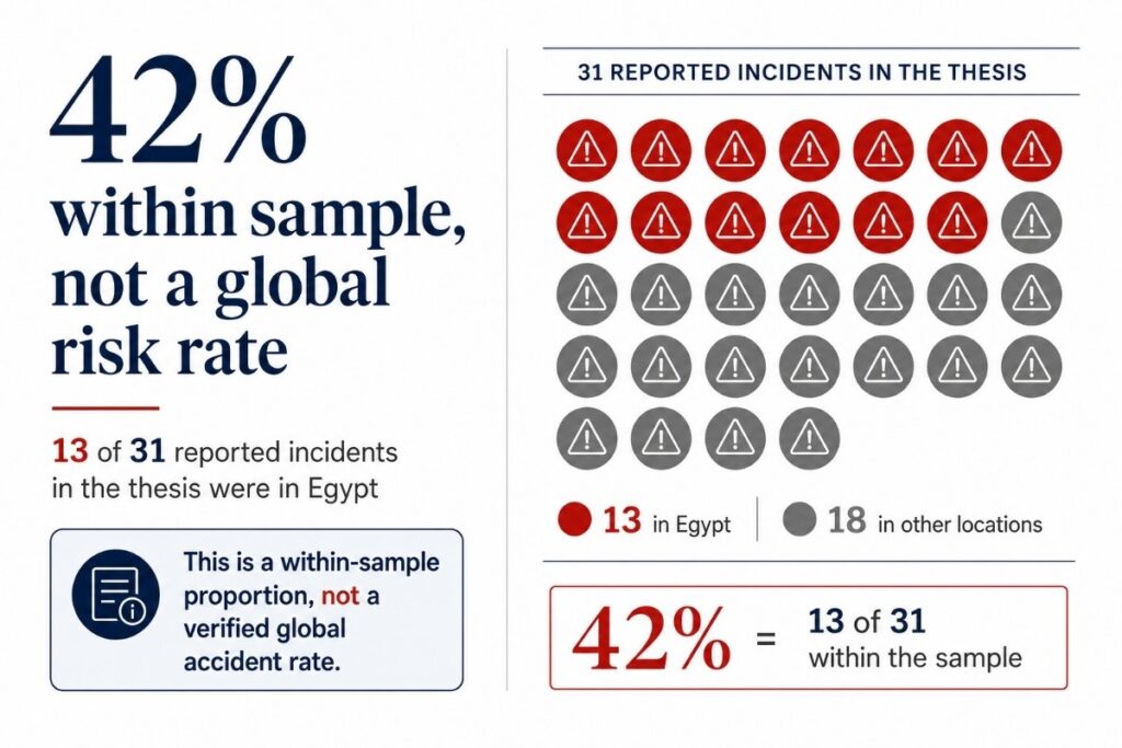Infographic explaining that 42% is a within-sample proportion, not a verified global liveaboard accident rate.