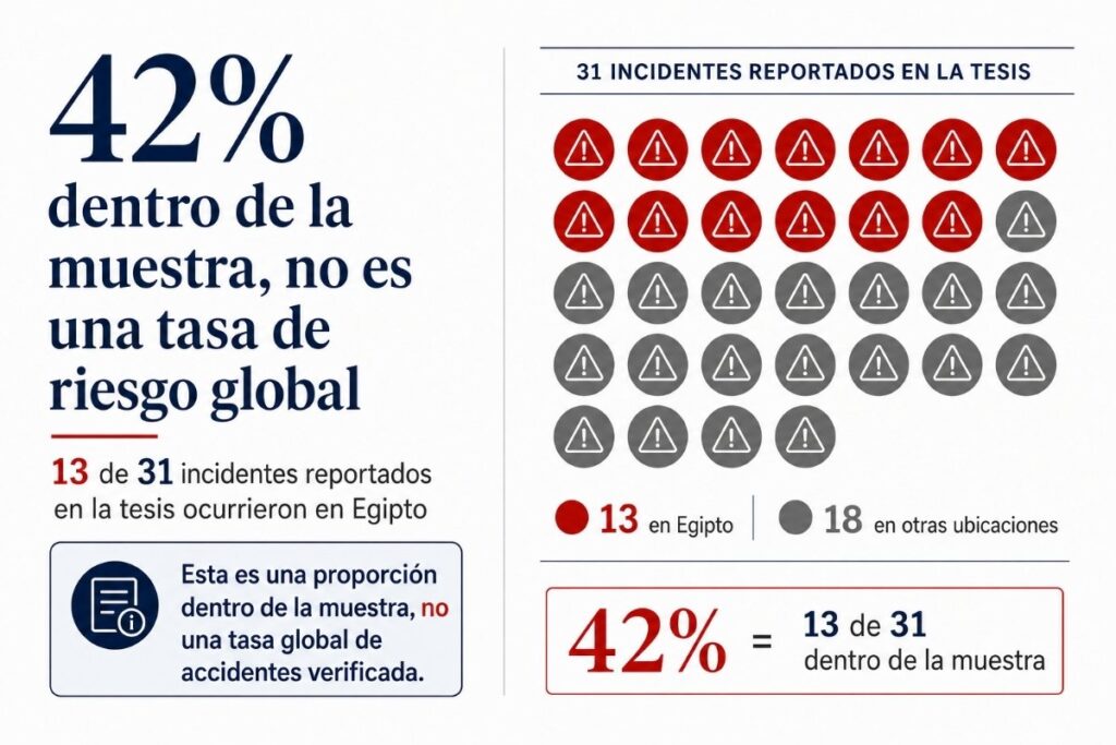 Infografía que explica que el 42% es una proporción dentro de la muestra, no una tasa global verificada de accidentes de liveaboards.