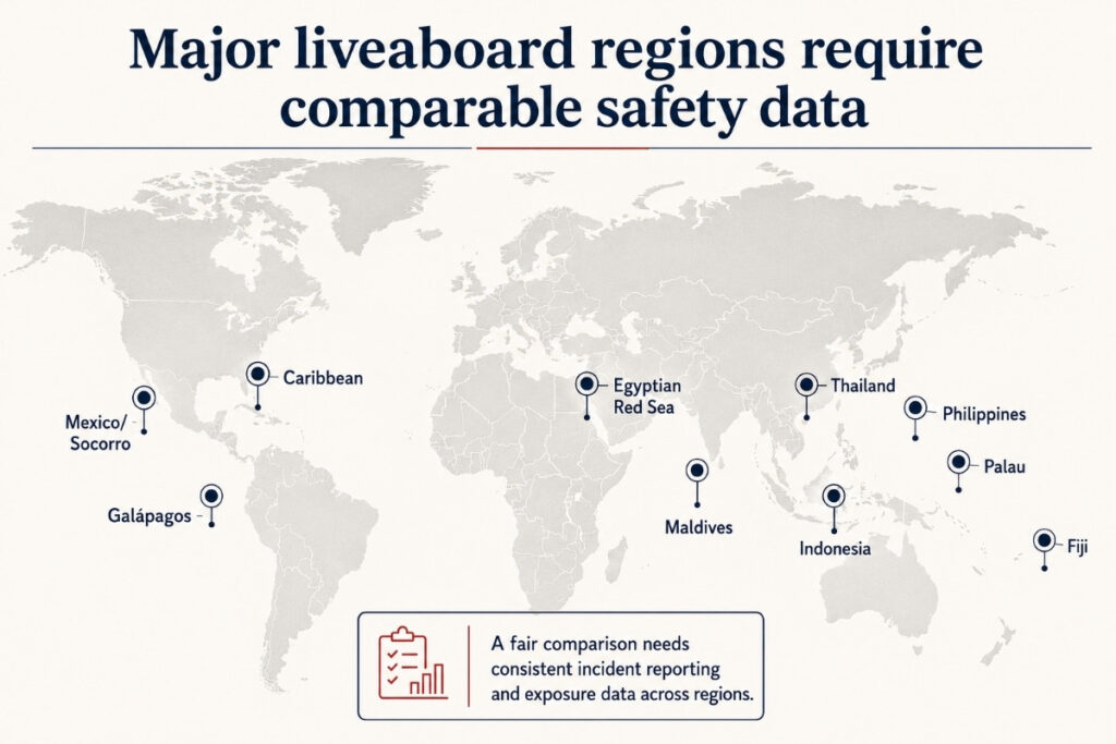 World map infographic showing major liveaboard regions including the Egyptian Red Sea, Indonesia, Thailand, Philippines, Maldives, Galápagos, Mexico, Palau, Fiji, and the Caribbean.