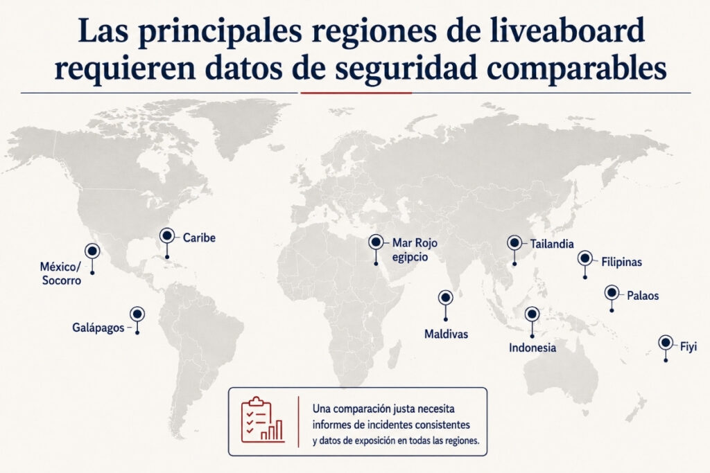 Infografía de mapa mundial que muestra las principales regiones de liveaboards, incluido el mar Rojo egipcio, Indonesia, Tailandia, Filipinas, Maldivas, Galápagos, México, Palaos, Fiyi y el Caribe.