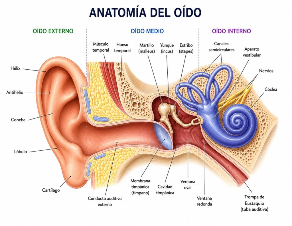 Corte médico del oído humano que muestra el oído externo, el conducto auditivo, el tímpano, el oído medio, los huesecillos, la cóclea, los canales semicirculares y la trompa de Eustaquio.