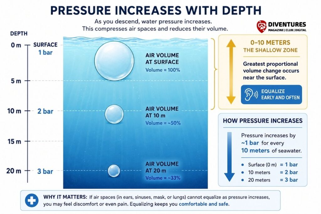 Diagram showing pressure increasing from 1 bar at the surface to 3 bar at 20 metres while air volume decreases from 100 percent to about 33 percent.