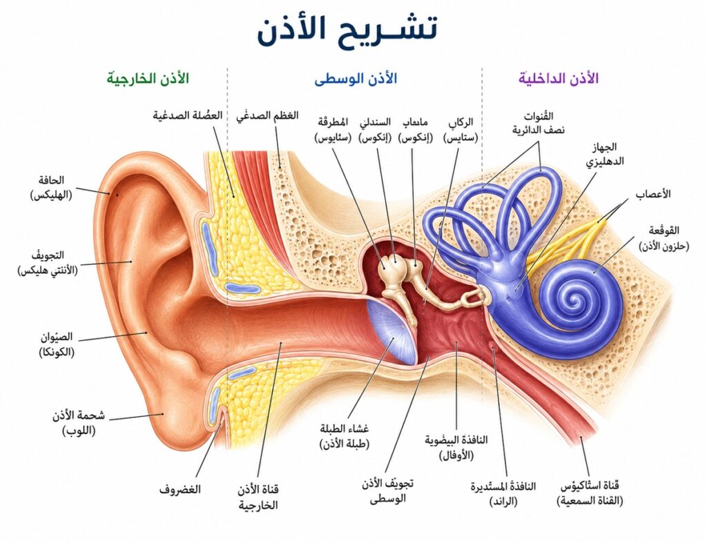رسم طبي مقطعي للأذن البشرية يوضح الأذن الخارجية وقناة الأذن وطبلة الأذن والأذن الوسطى والعظيمات والقوقعة والقنوات نصف الدائرية وقناة استاكيوس.