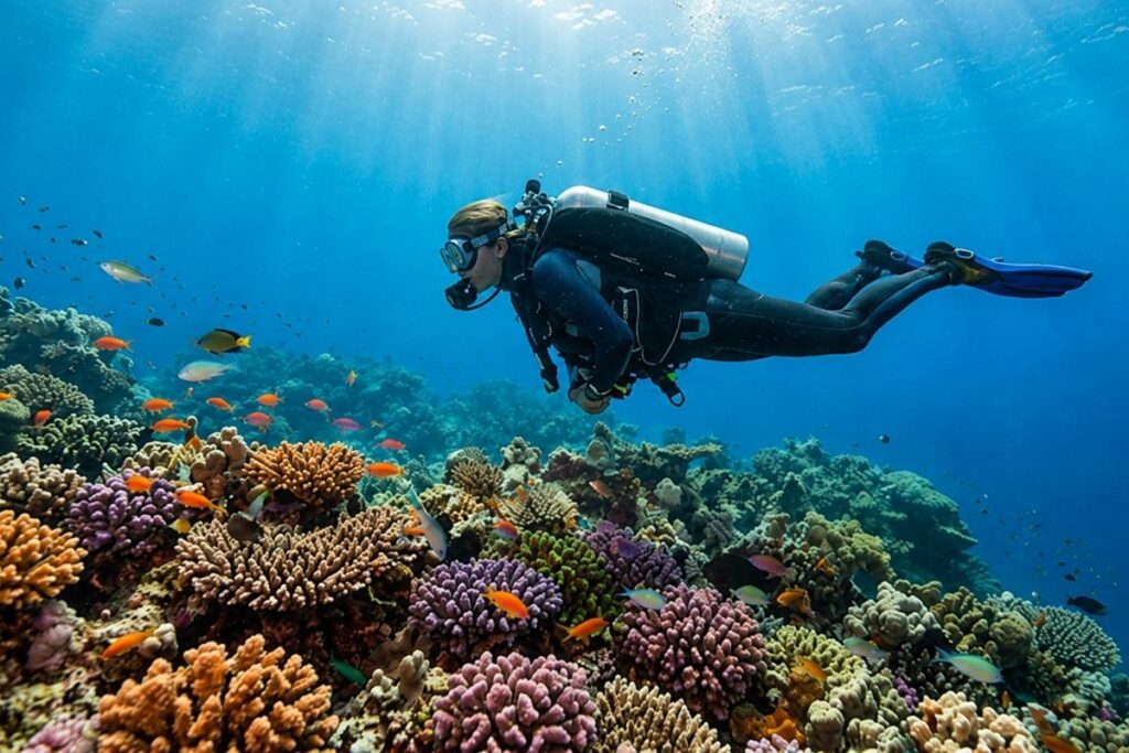 wide, sunlit underwater photograph of a diver gliding over a vibrant reef