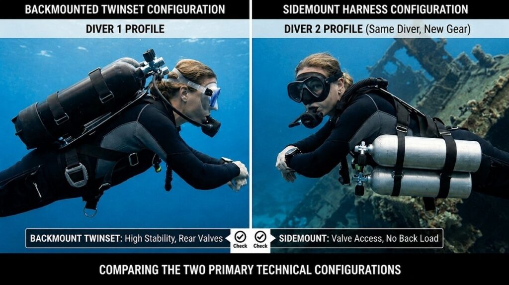 Divers demonstrating backmounted twin cylinders and sidemount cylinder configurations