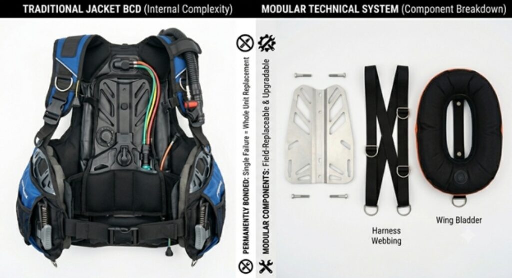 Traditional jacket BCD beside separate backplate, harness and wing components