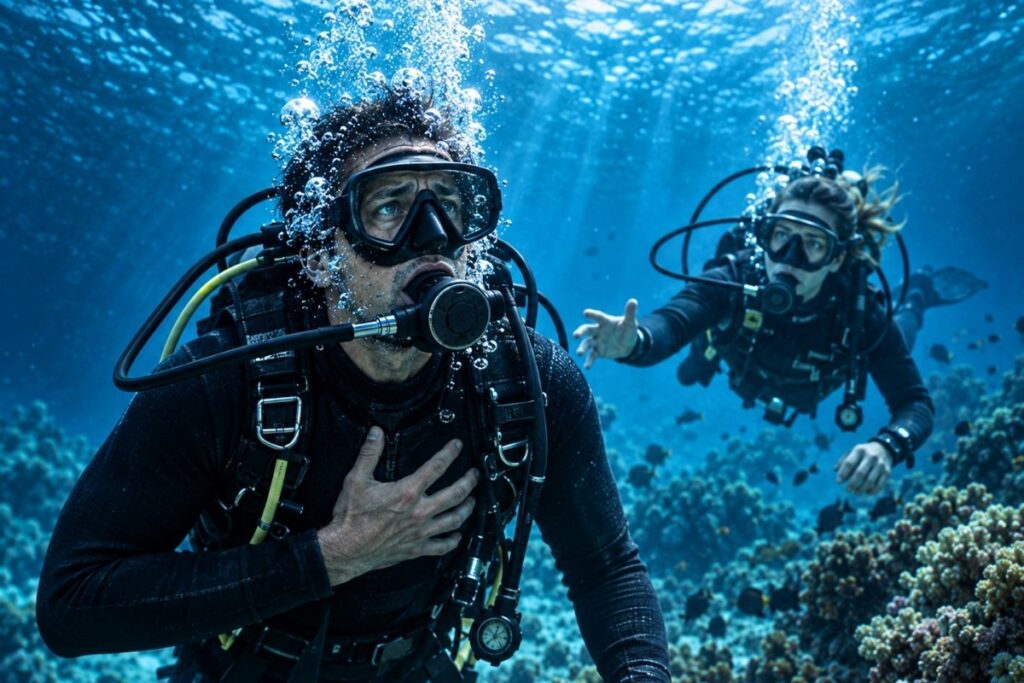 Scuba diver showing signs of breathing difficulty underwater while another diver approaches to assist