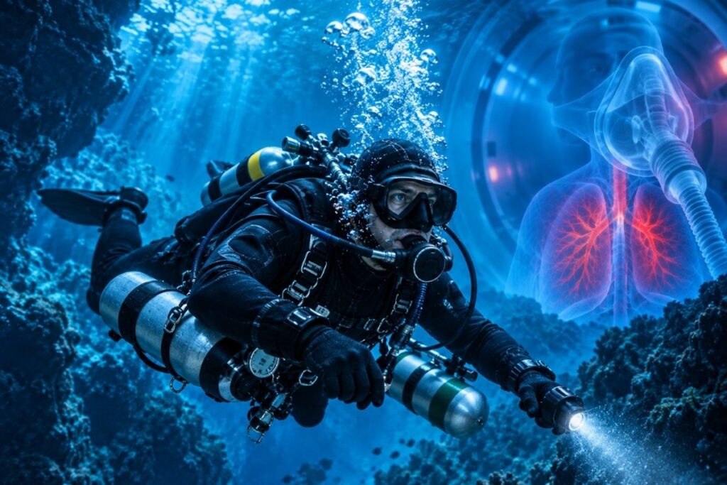 Technical scuba diver underwater with a medical lung visualization representing oxygen exposure and diving physiology