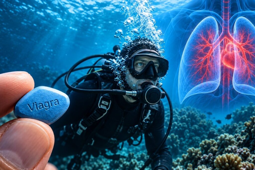 Scuba diver underwater beside a Viagra tablet and medical illustration of the lungs and pulmonary circulation