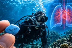 Scuba diver underwater beside a Viagra tablet and medical illustration of the lungs and pulmonary circulation